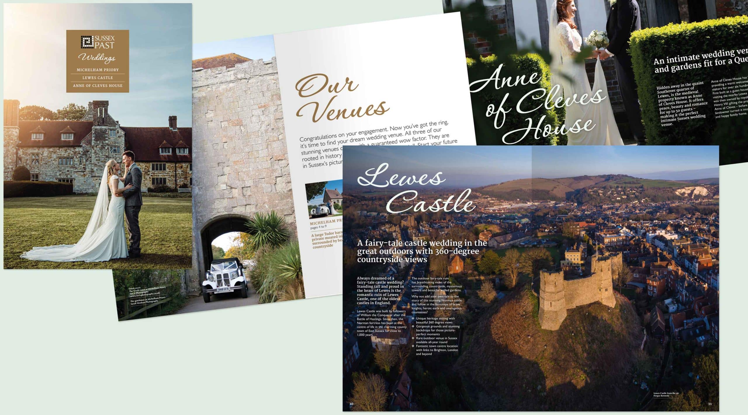 Example text pages and front cover from the Sussex Past wedding venues brochure